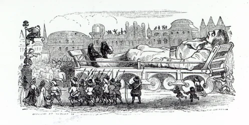 Gulliver wordt vervoerd naar de Lilliputaanse hoofdstad, een illustratie uit 